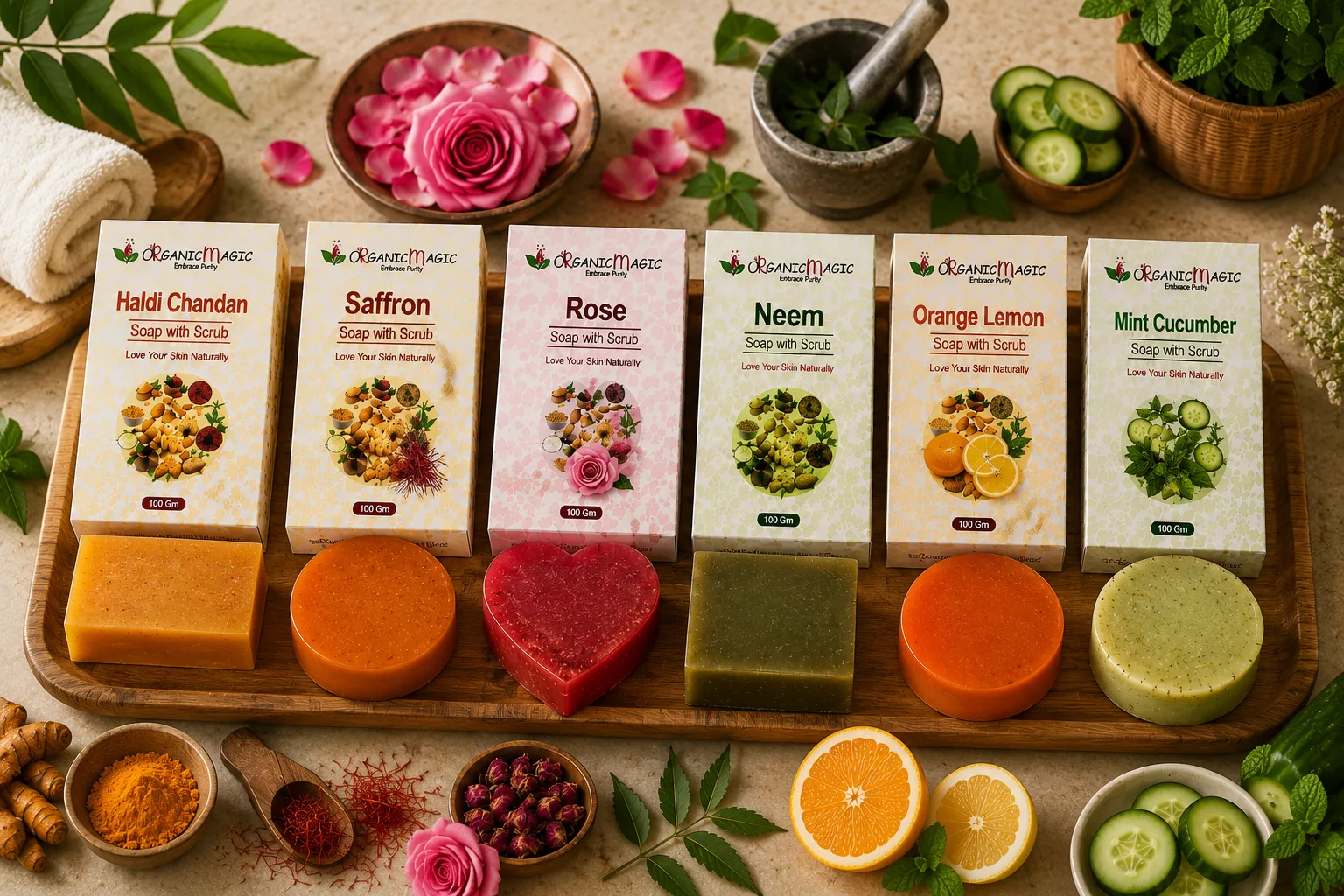 Haldi Chandan, Saffron, Rose, Neem, Orange Lemon & Mint Cucumber Soap Collection - Image 2