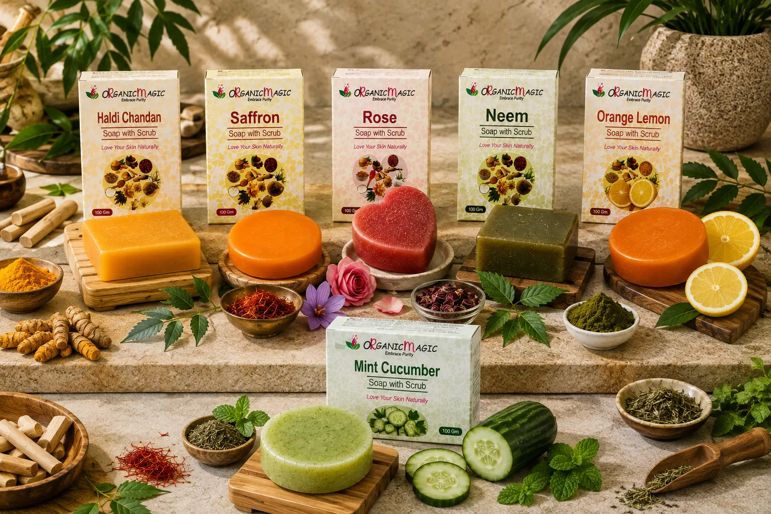 Haldi Chandan, Saffron, Rose, Neem, Orange Lemon & Mint Cucumber Soap Collection - Image 4