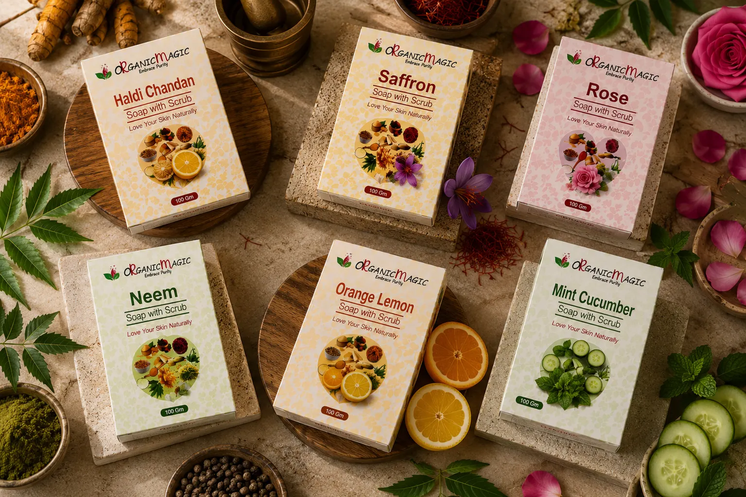 Haldi Chandan, Saffron, Rose, Neem, Orange Lemon & Mint Cucumber Soap Collection - Image 3